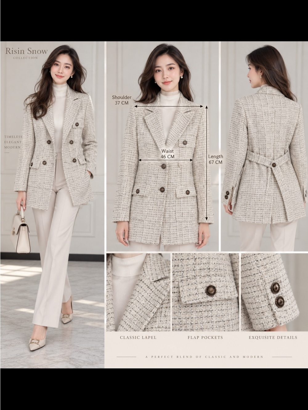 Tailored Cream Tweed Double-Breasted Blazer Jacket M 70%wool